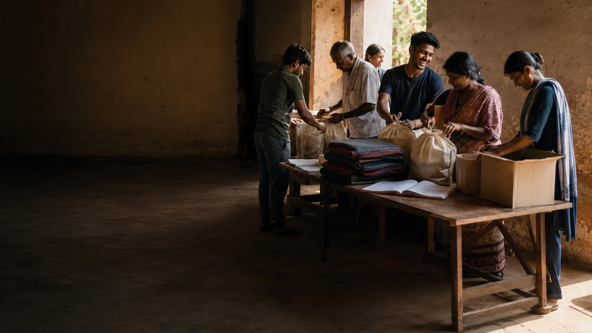 Volunteers and local partner staff sorting relief supplies together in a village hall doorway.