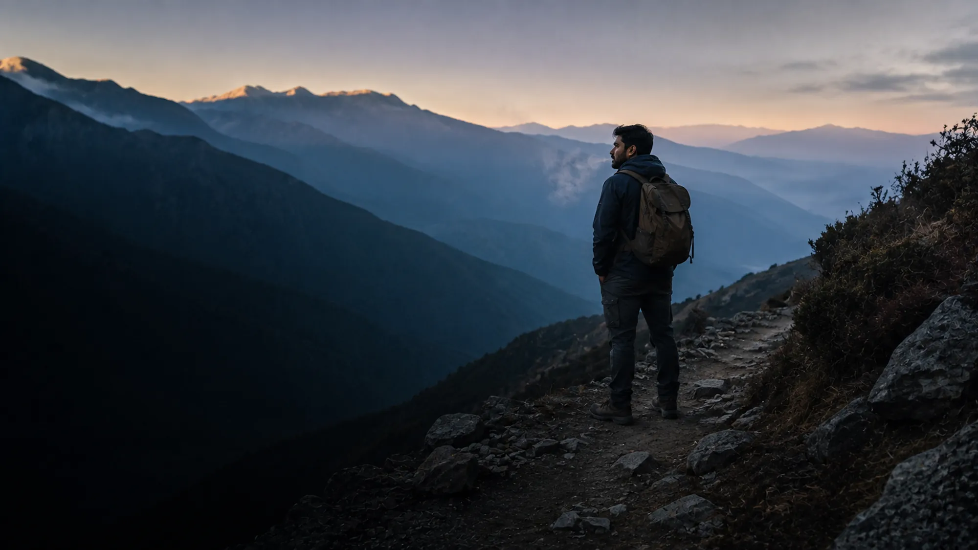 A trekker on a high Himalayan trail at dawn, pausing to look back down the valley.