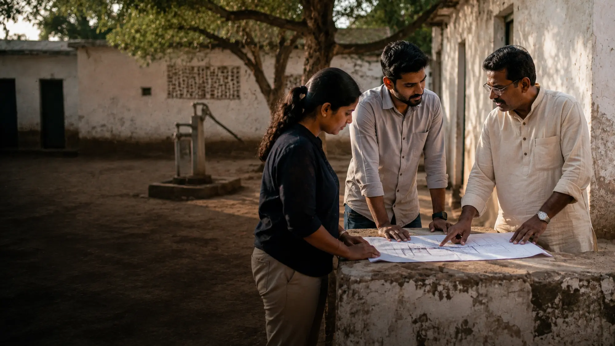 A company team and a headmaster in working conversation over a project plan outside a village school.