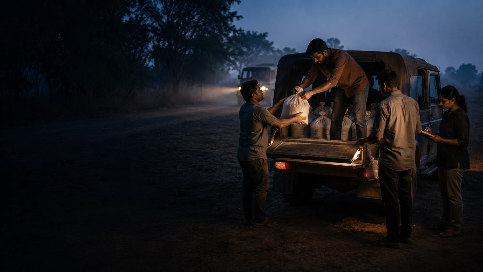 A small distribution team loading relief bundles into a jeep at first light before travelling to a district.