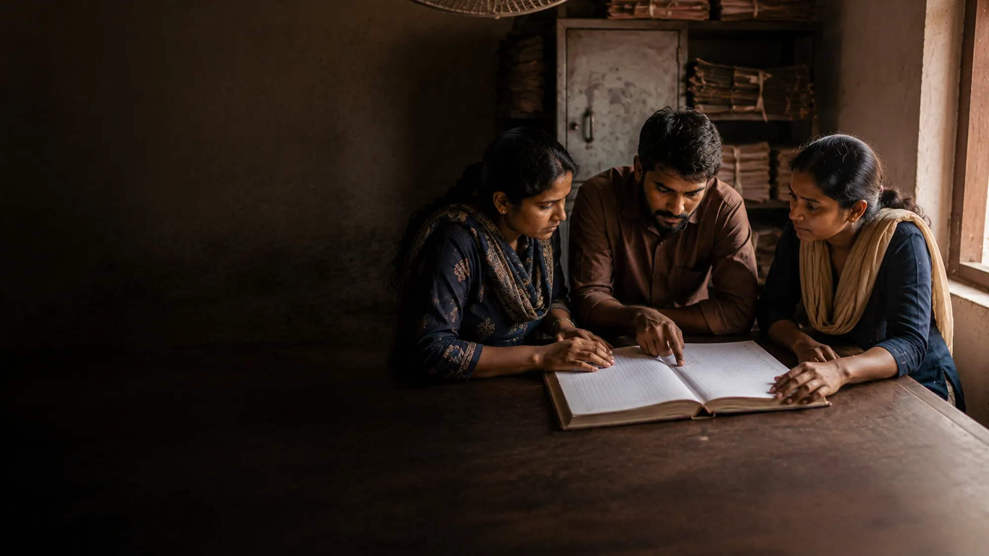 Two partner-organisation staff going through a ledger with a field coordinator in a small community office.
