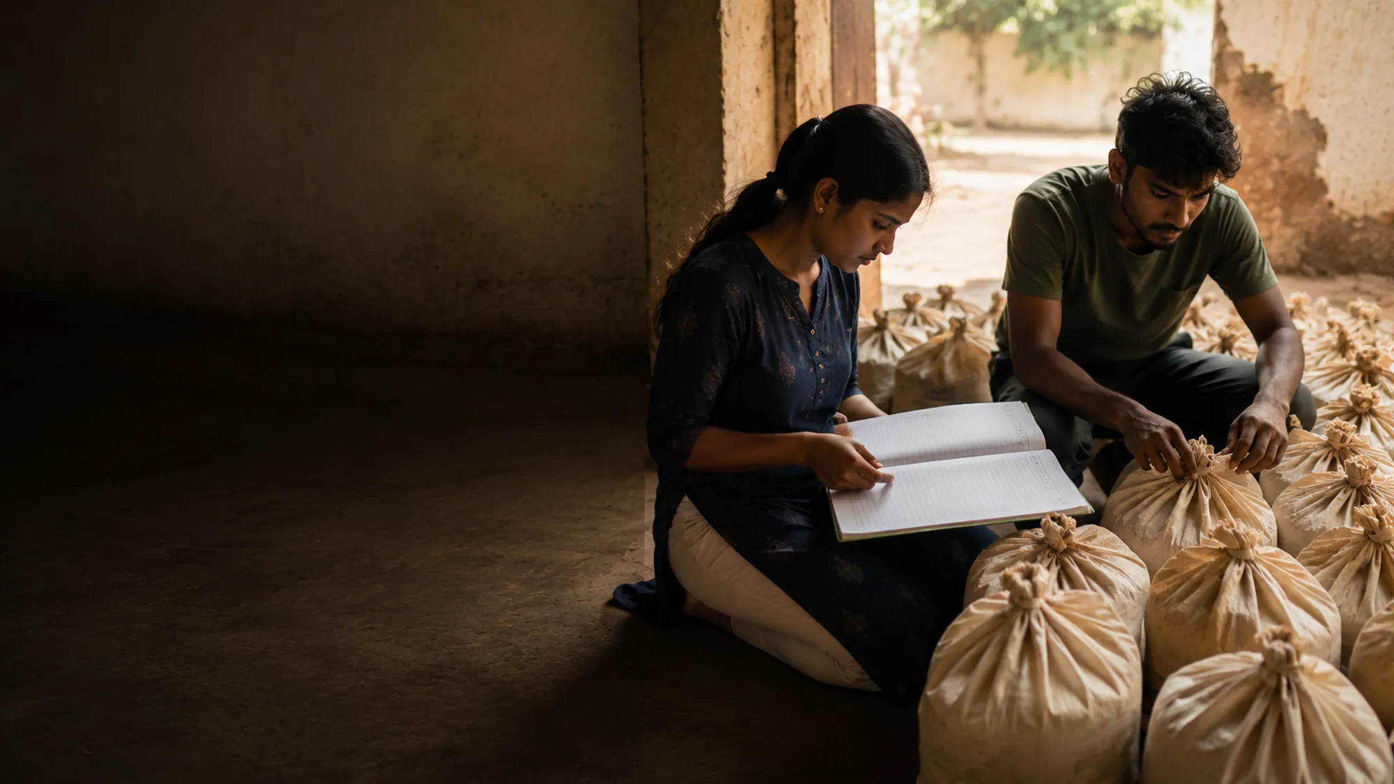 Volunteers checking a household list against ration bundles in the doorway of a village hall.