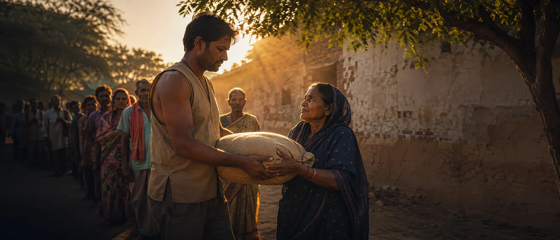A volunteer passes a sack of grain into the hands of an older woman outside a village hall in rural Uttar Pradesh, late golden light.