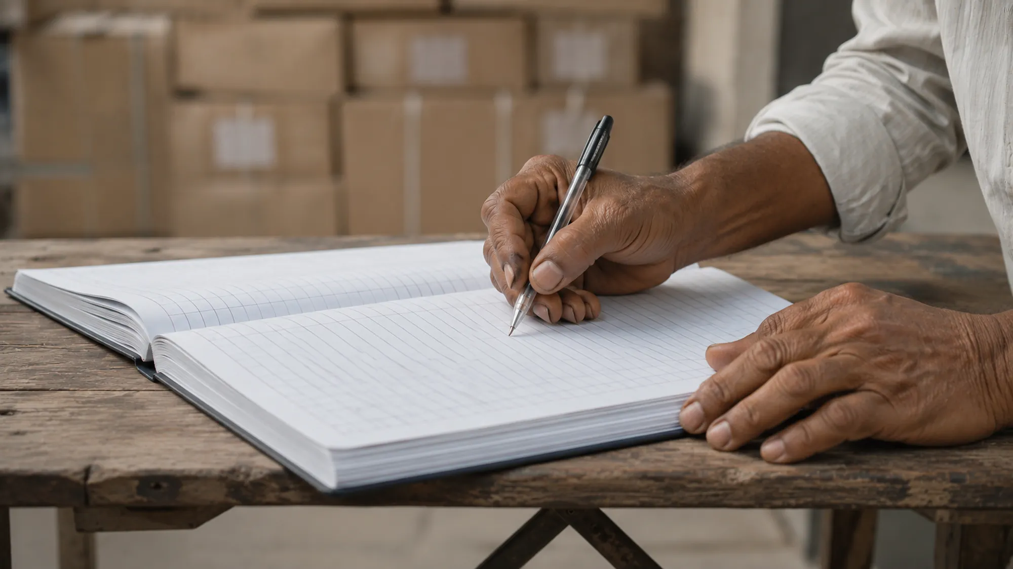 A distribution register being signed at a folding table, with supply crates stacked behind.