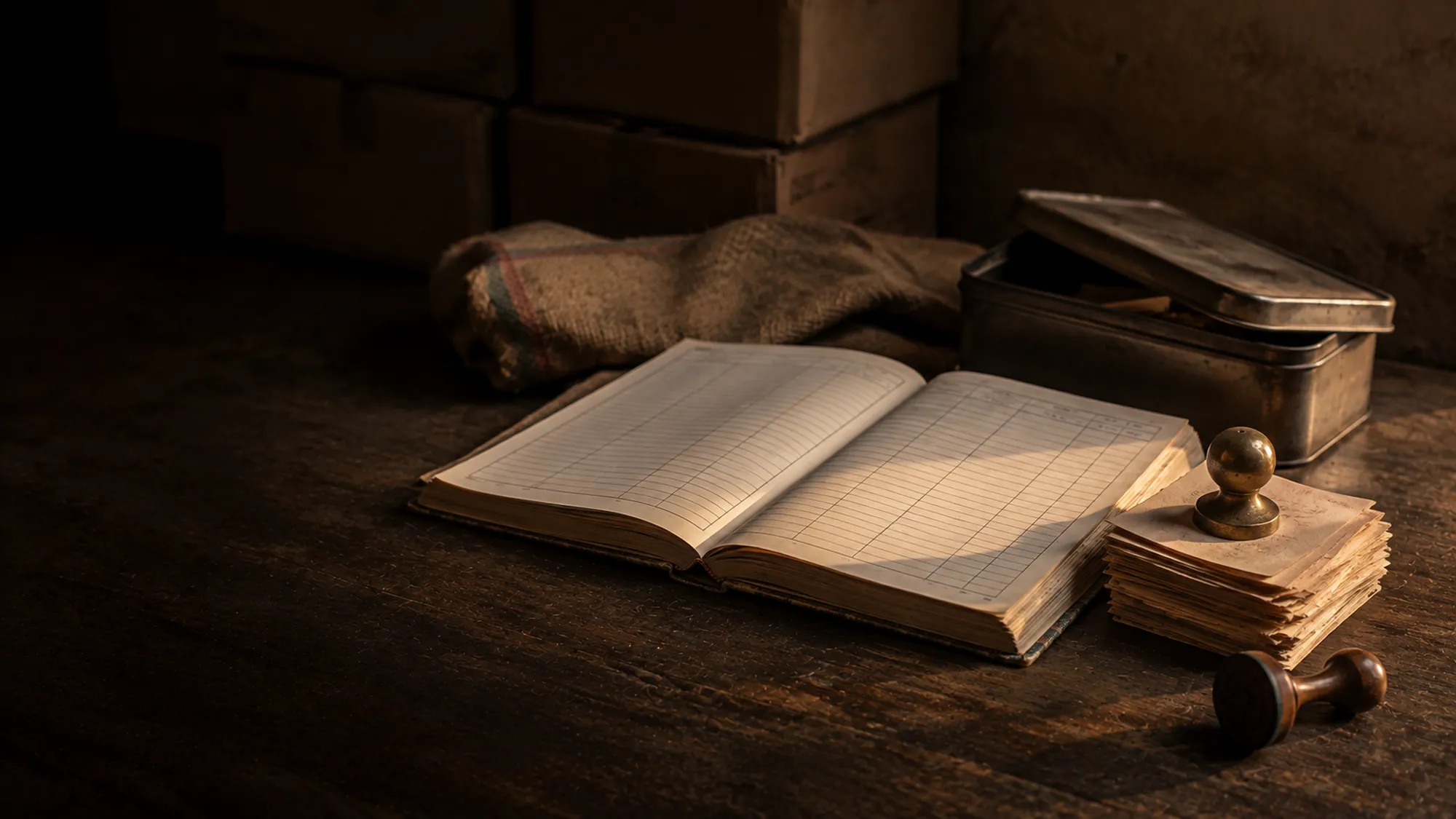 An open distribution register, a bundle of signed handover slips and a brass paperweight on a field desk.