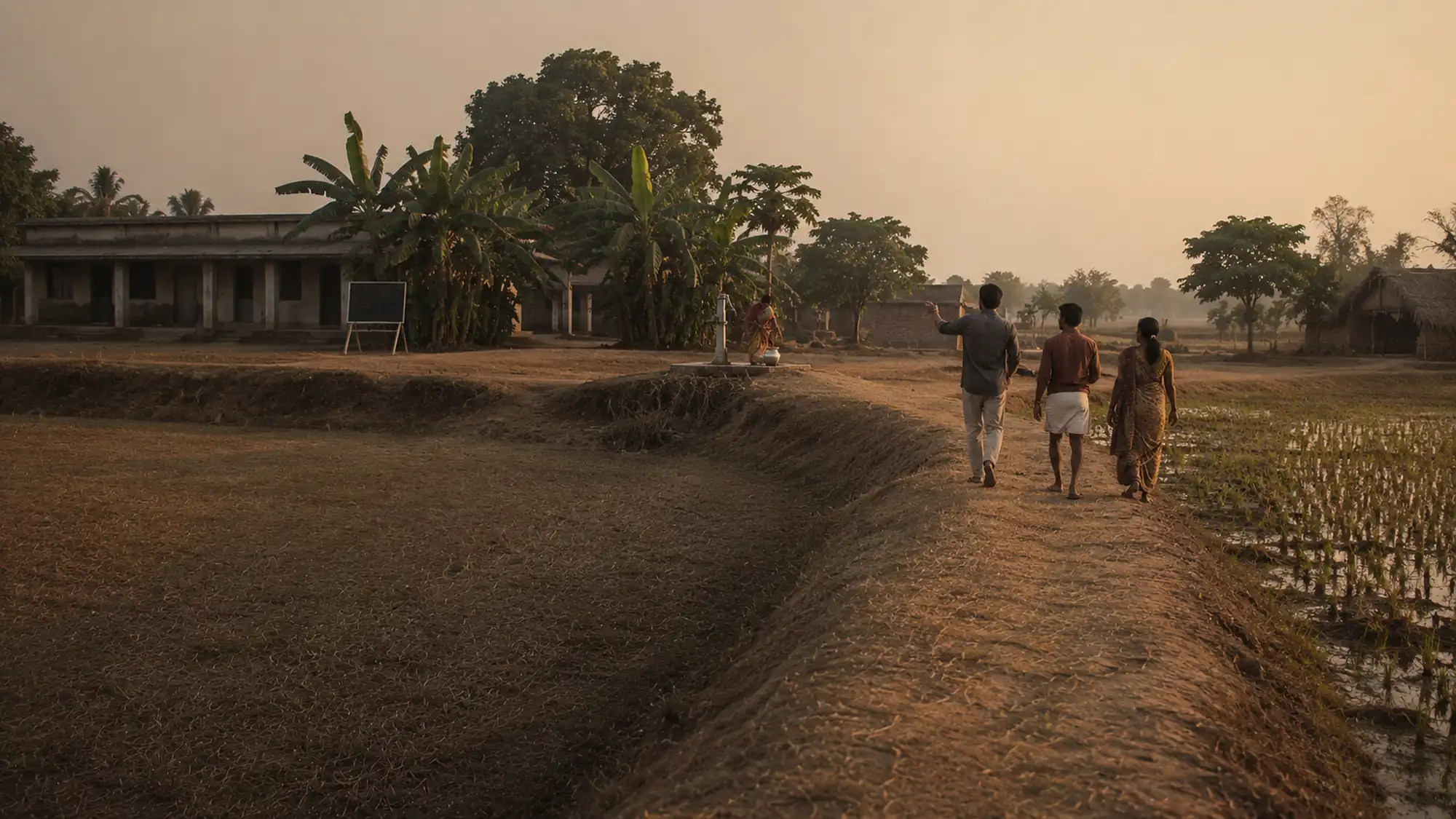 A field team and villagers walking a bund between fields with a handpump and a school building behind them.