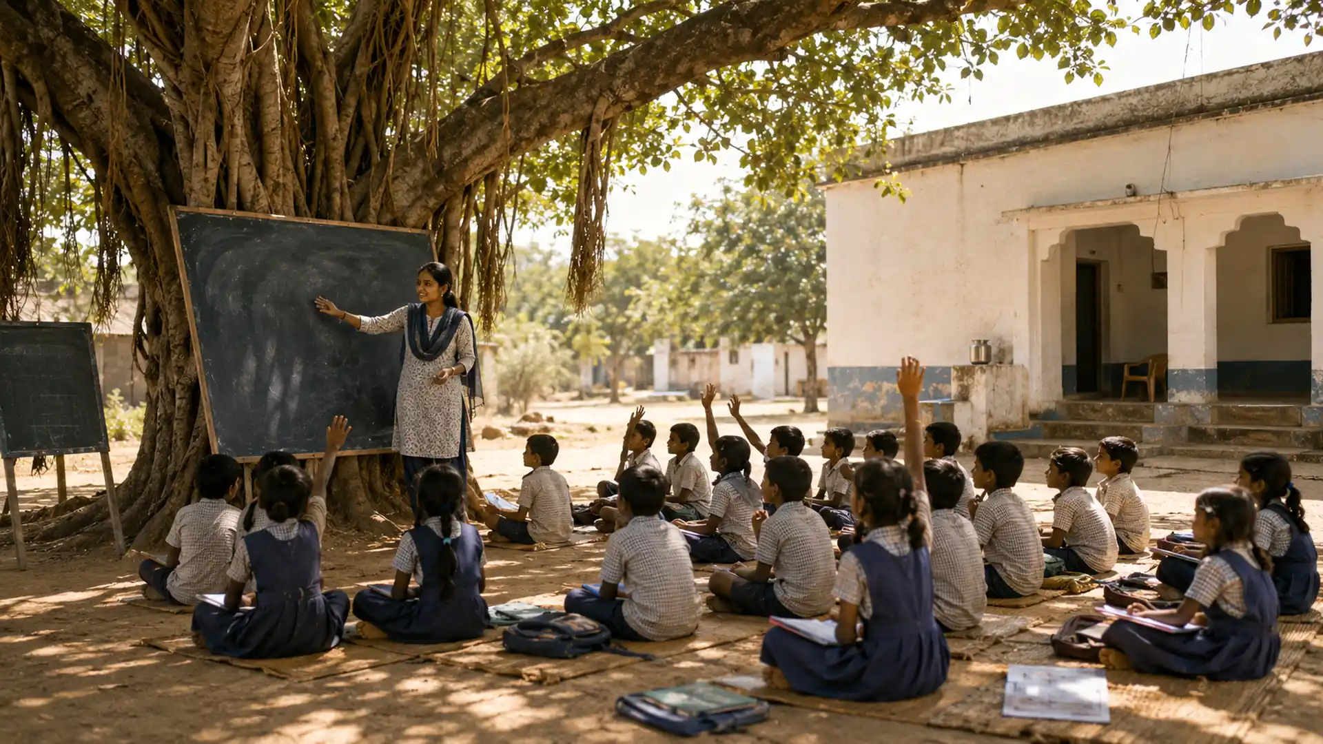 Children raise their hands in a rural classroom.
