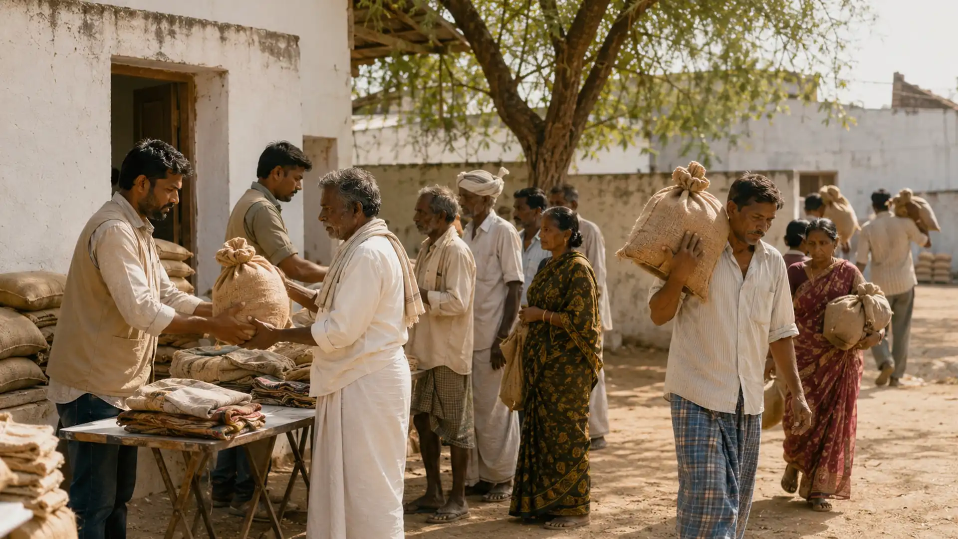 Volunteers hand out ration sacks at a village distribution point.