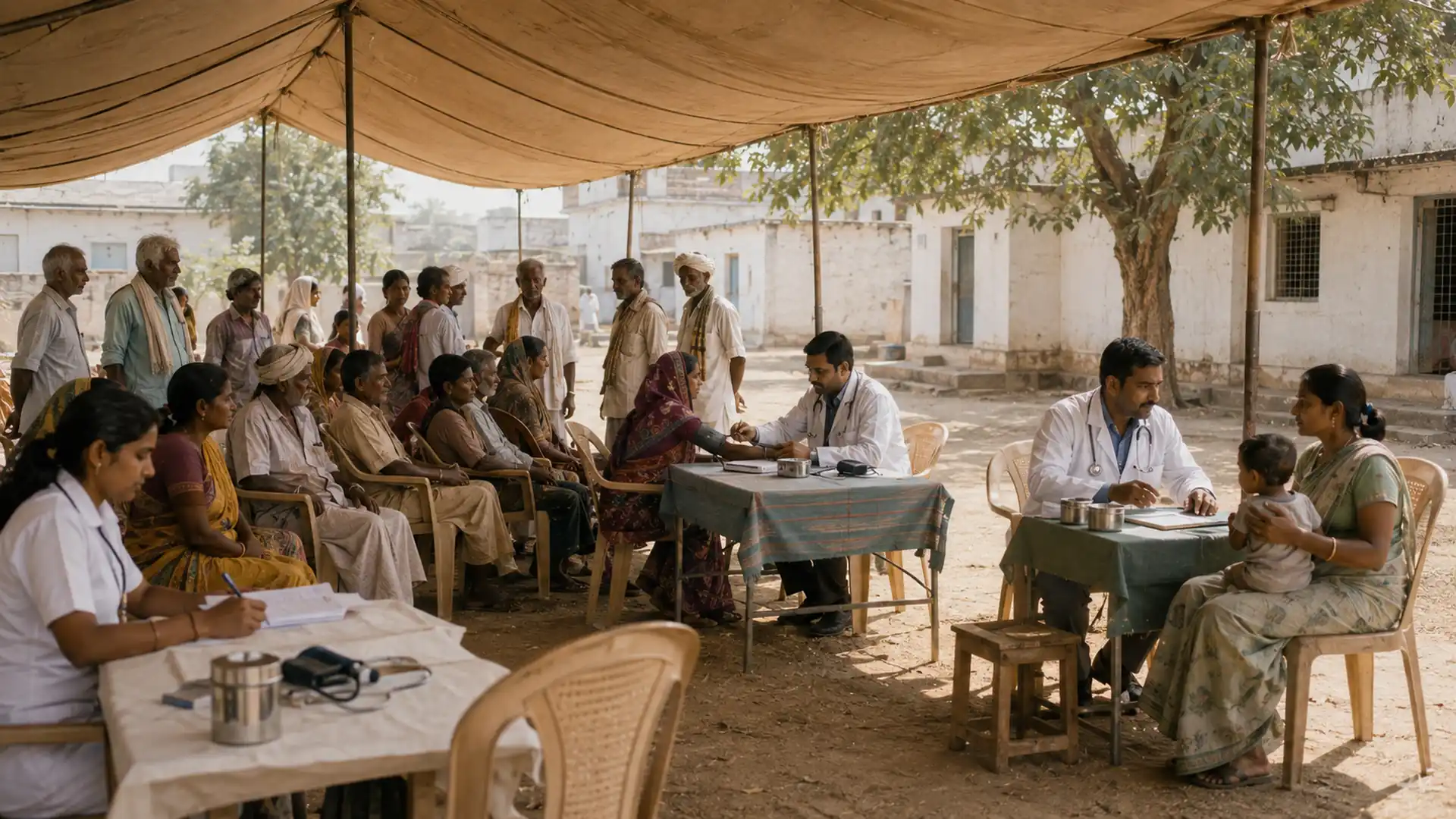 A queue forms at a village health camp under canvas shade.