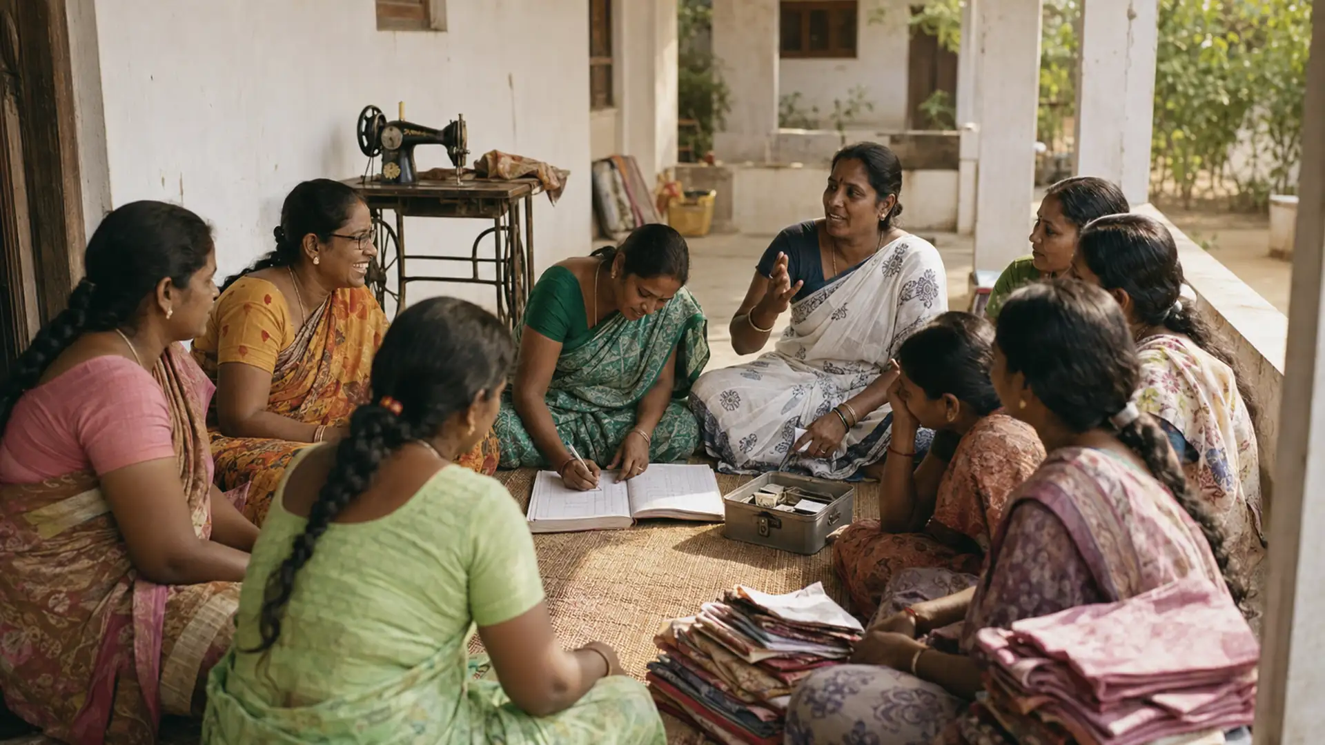 A women's self-help group meets to review its ledger.