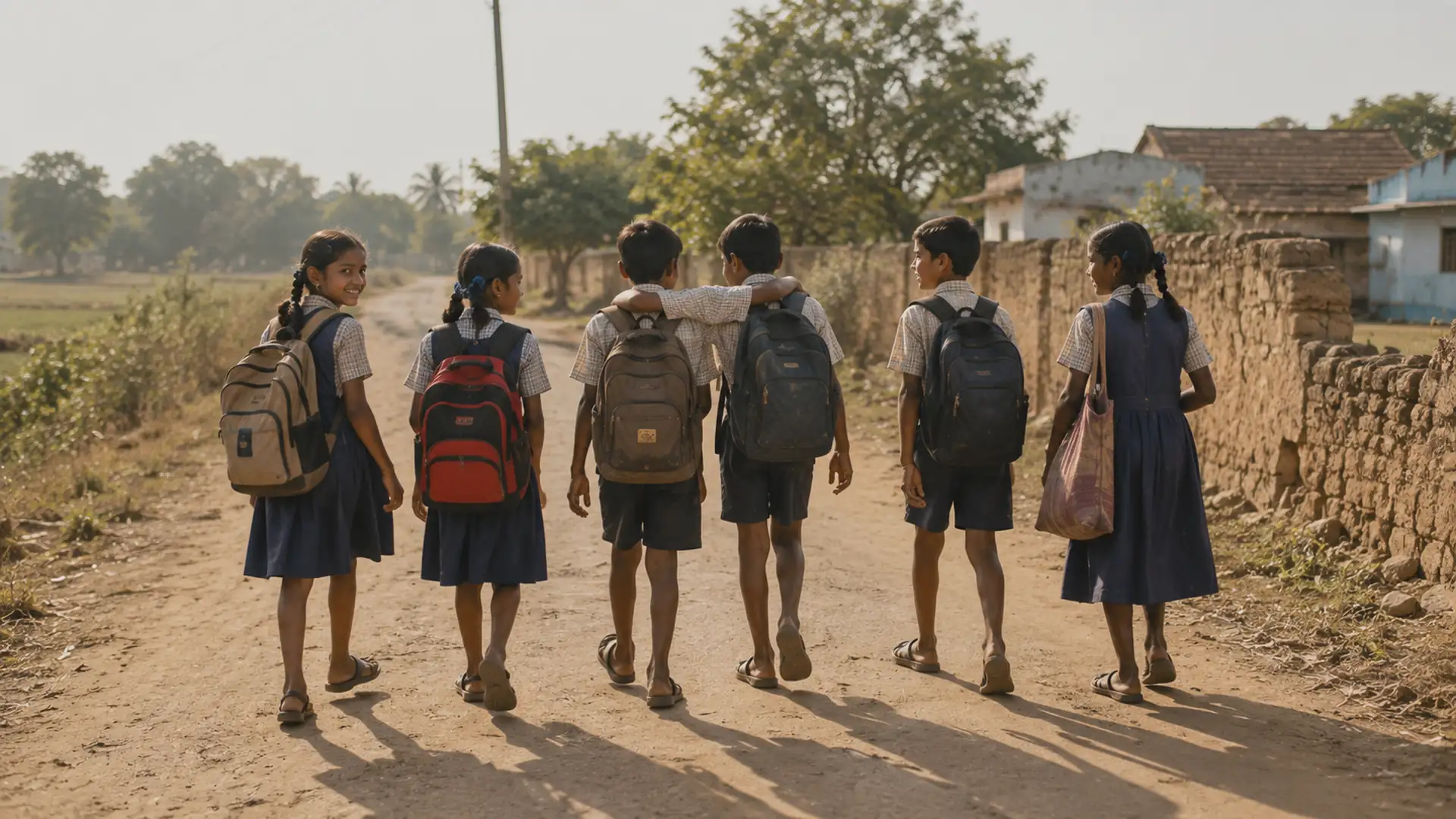 Children walk to school along a dirt road with their satchels.