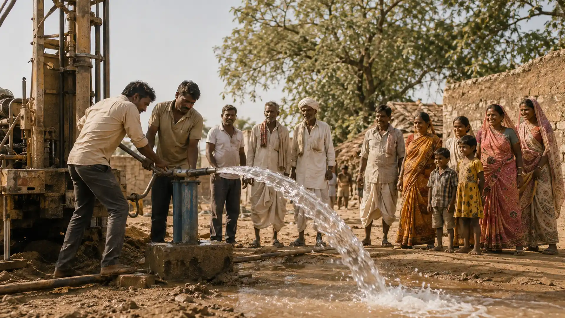 A new borewell is tested as water flows for the first time.