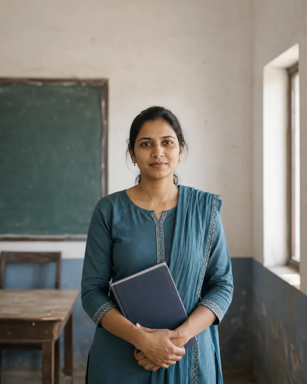 Portrait of a young teacher holding a class register.