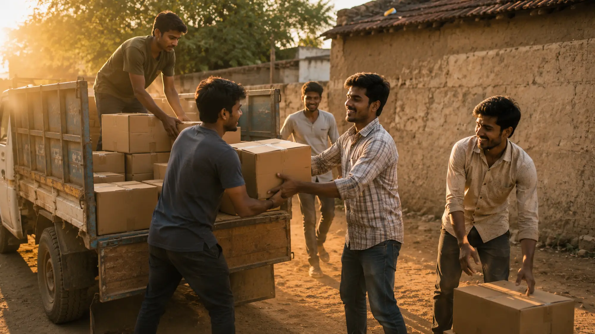 Volunteers unloading cartons of relief supplies from a truck in a village lane at golden hour.