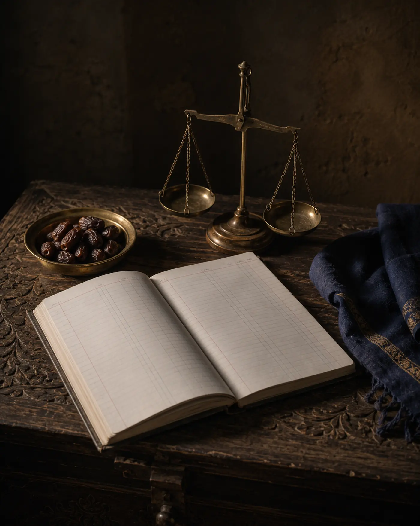 An open ledger, a brass balance scale, a dish of dates and folded indigo cloth on a carved wooden table.