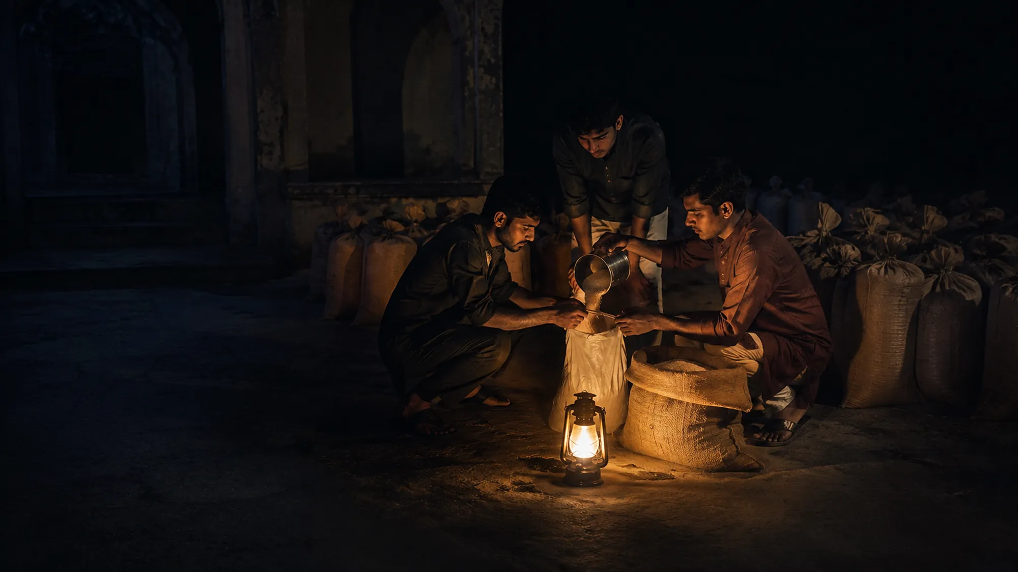 Volunteers filling sacks of grain by lamplight the night before Eid.