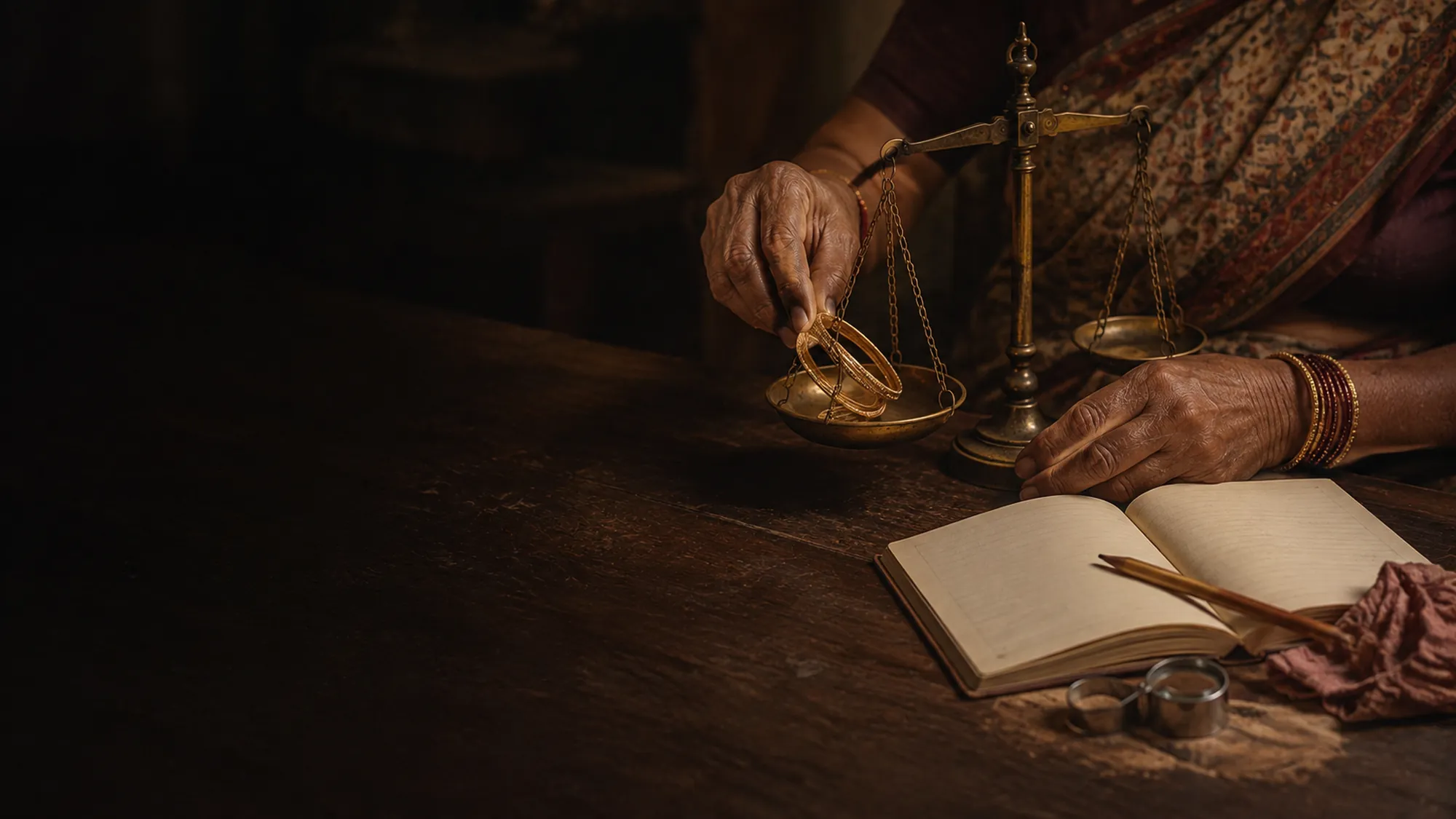 Hands weighing gold bangles on a small brass jeweller’s scale beside a notebook of figures.