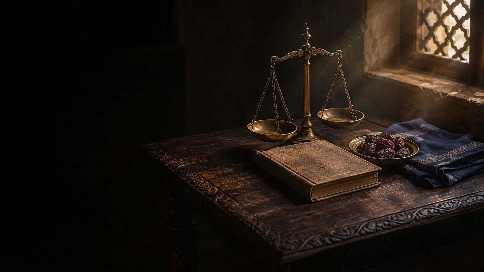 A brass balance scale, a closed ledger and a dish of dates on a carved wooden table in low window light.