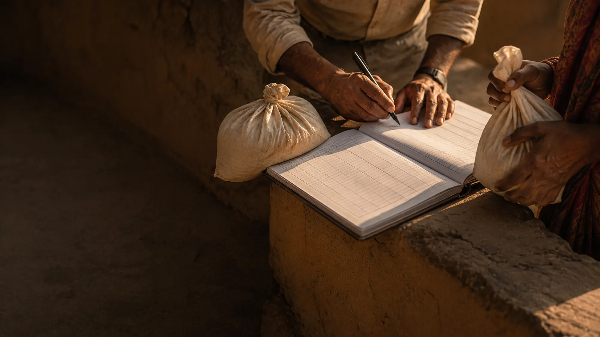 A field officer signing a distribution register while a household receives its ration.